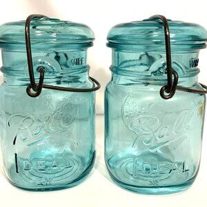 2 Vtg Ball Ideal Mason Jar 1 Pint Bicentennial Celebration Eagle Blue w/Seals